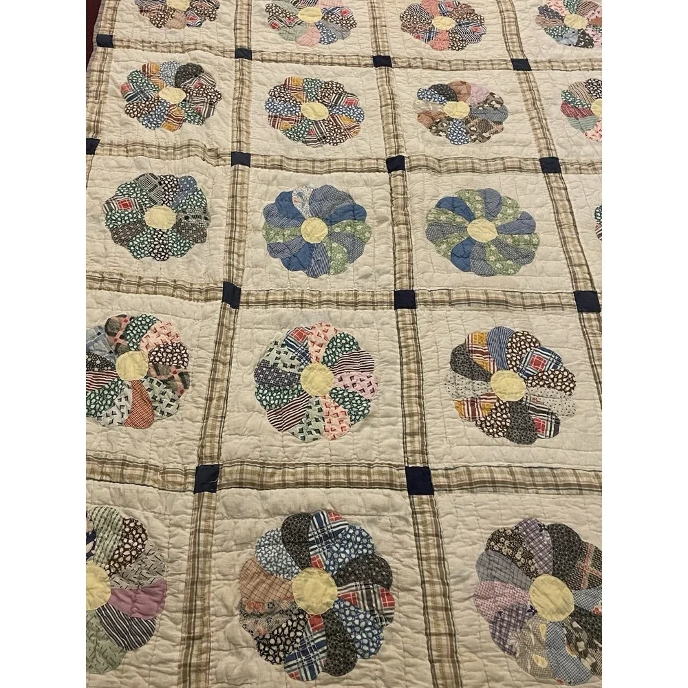 Vtg 1930s Dresden Plate Quilt NRA Blue Eagle Domino Sugar Sack Backing Folk Art